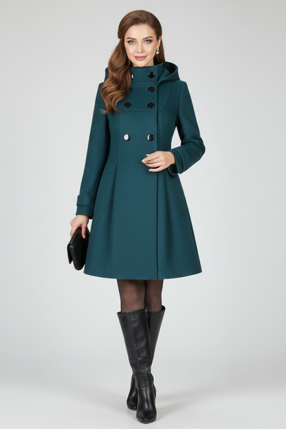 Perpetua - Hooded A-Line Knee-Length Coat