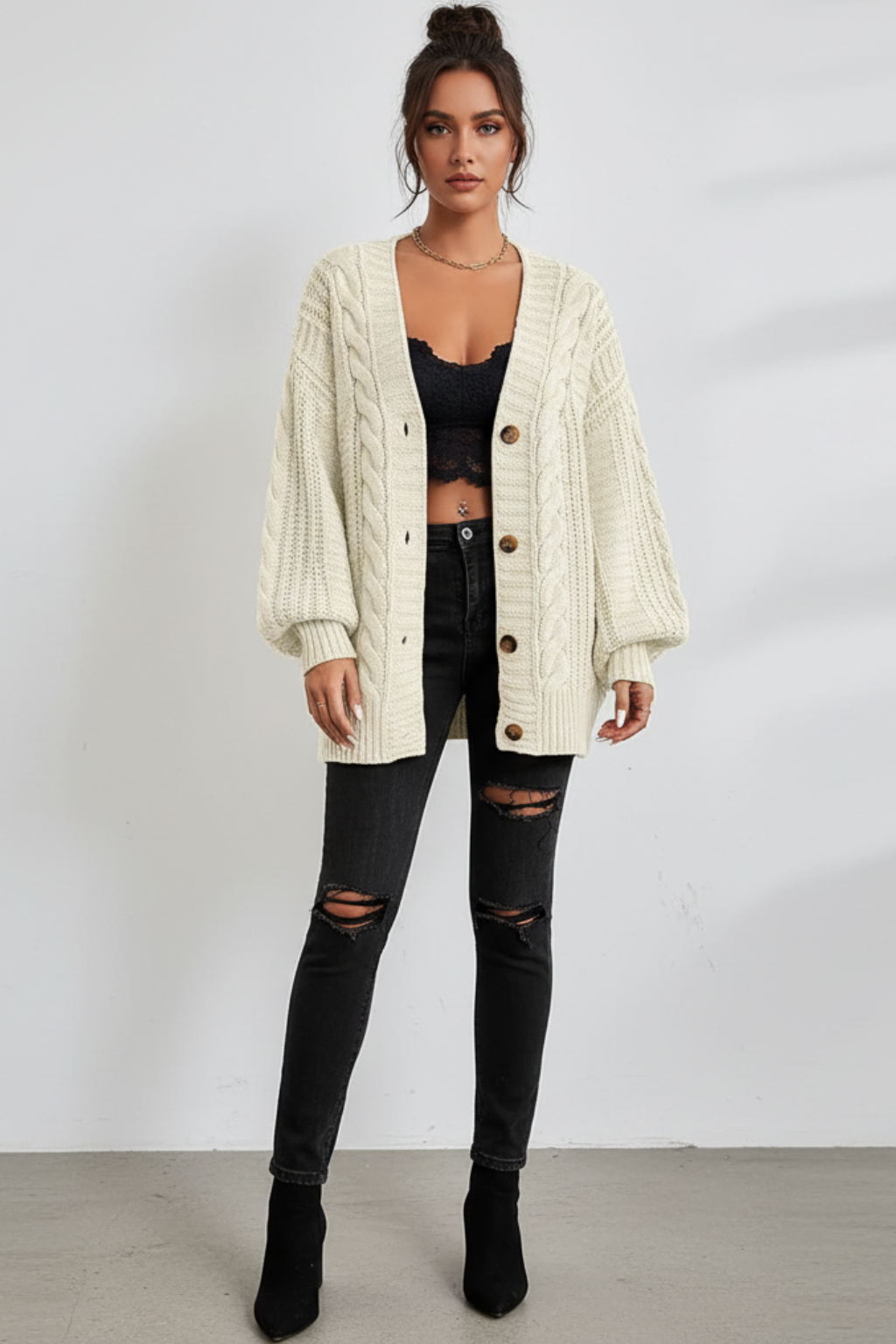 Cordula - Oversized Cable Knit Button Cardigan