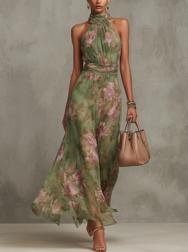 Midi dress for women with floral print - green floral
