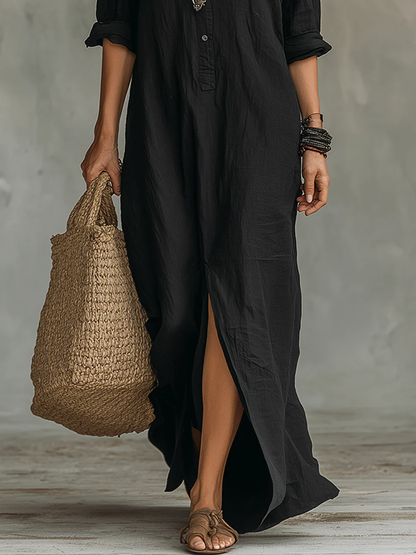 Maxi dress for women with V-neck and button front