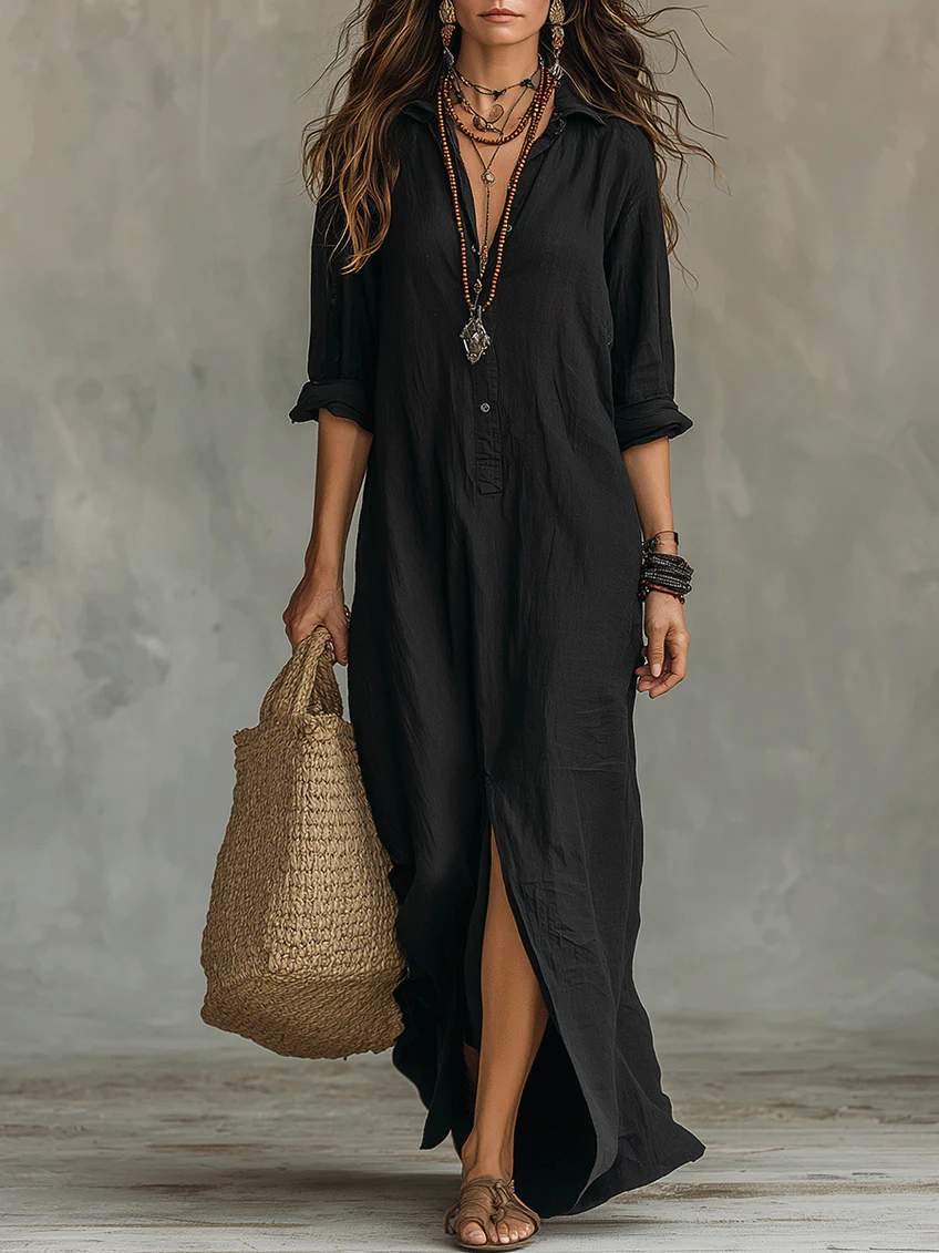 Maxi dress for women with V-neck and button front