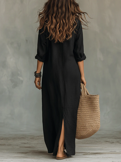 Maxi dress for women with V-neck and button front