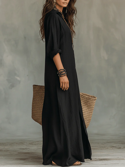 Maxi dress for women with V-neck and button front