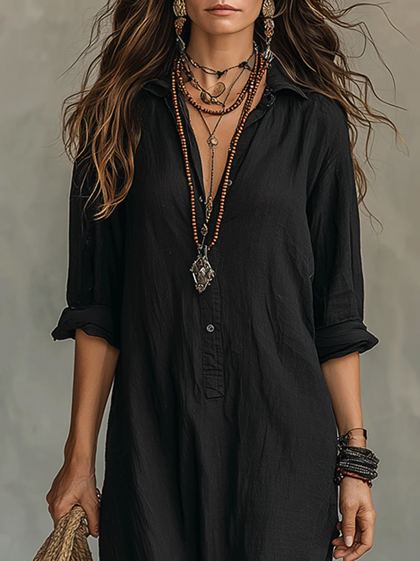 Maxi dress for women with V-neck and button front