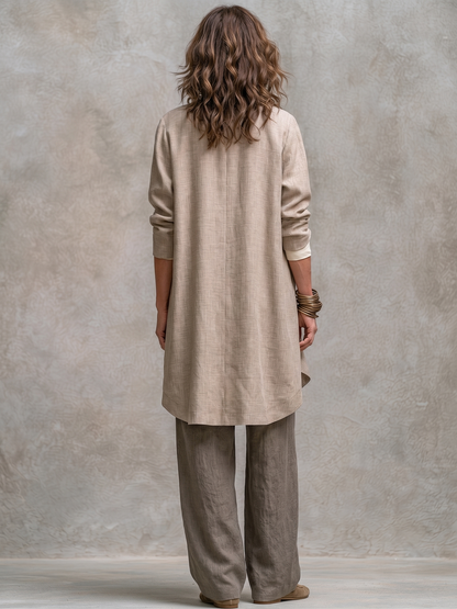 Woman wearing taupe three-piece wide leg pant suit set