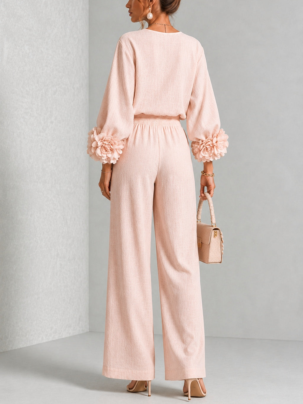 Women's floral two-piece set with balloon sleeves and wide-leg pants