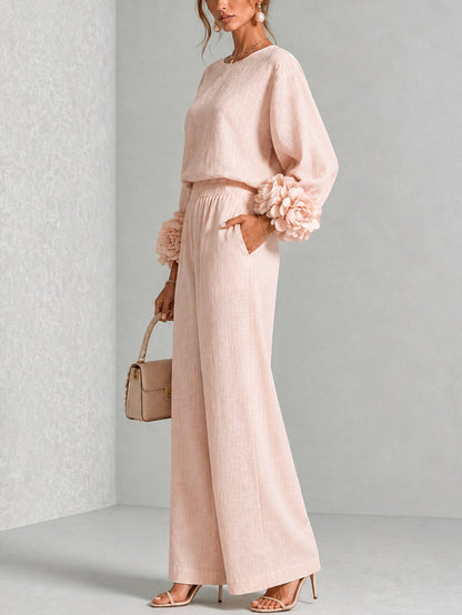 Women's floral two-piece set with balloon sleeves and wide-leg pants