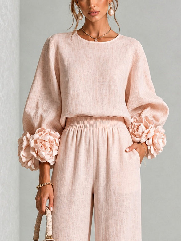 Women's floral two-piece set with balloon sleeves and wide-leg pants
