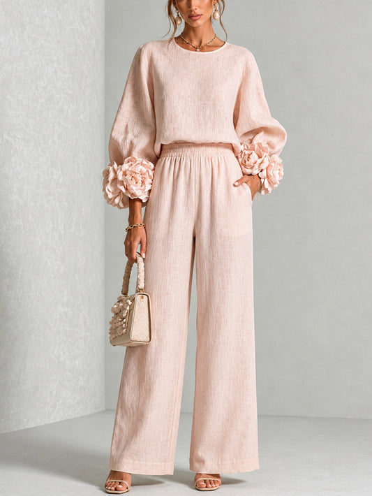 Women's floral two-piece set with balloon sleeves and wide-leg pants