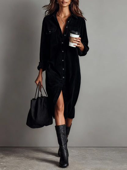 Woman wearing a relaxed midi shirt dress with pockets