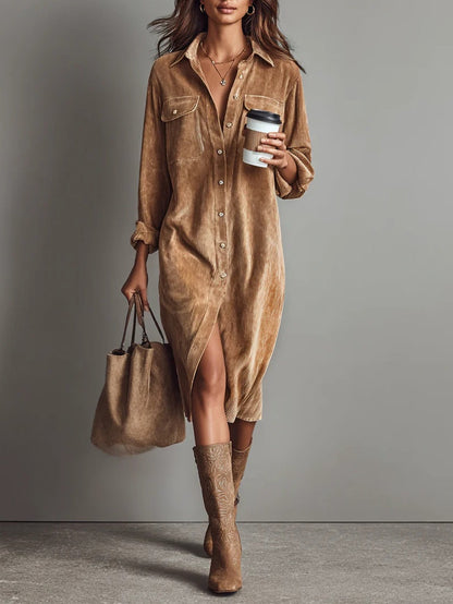 Woman wearing a relaxed midi shirt dress with pockets