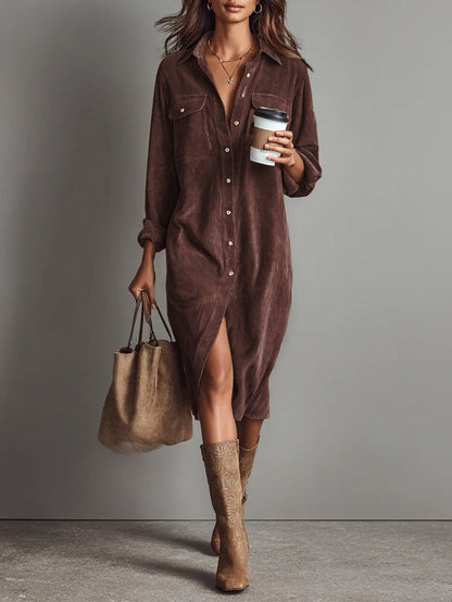 Woman wearing a relaxed midi shirt dress with pockets