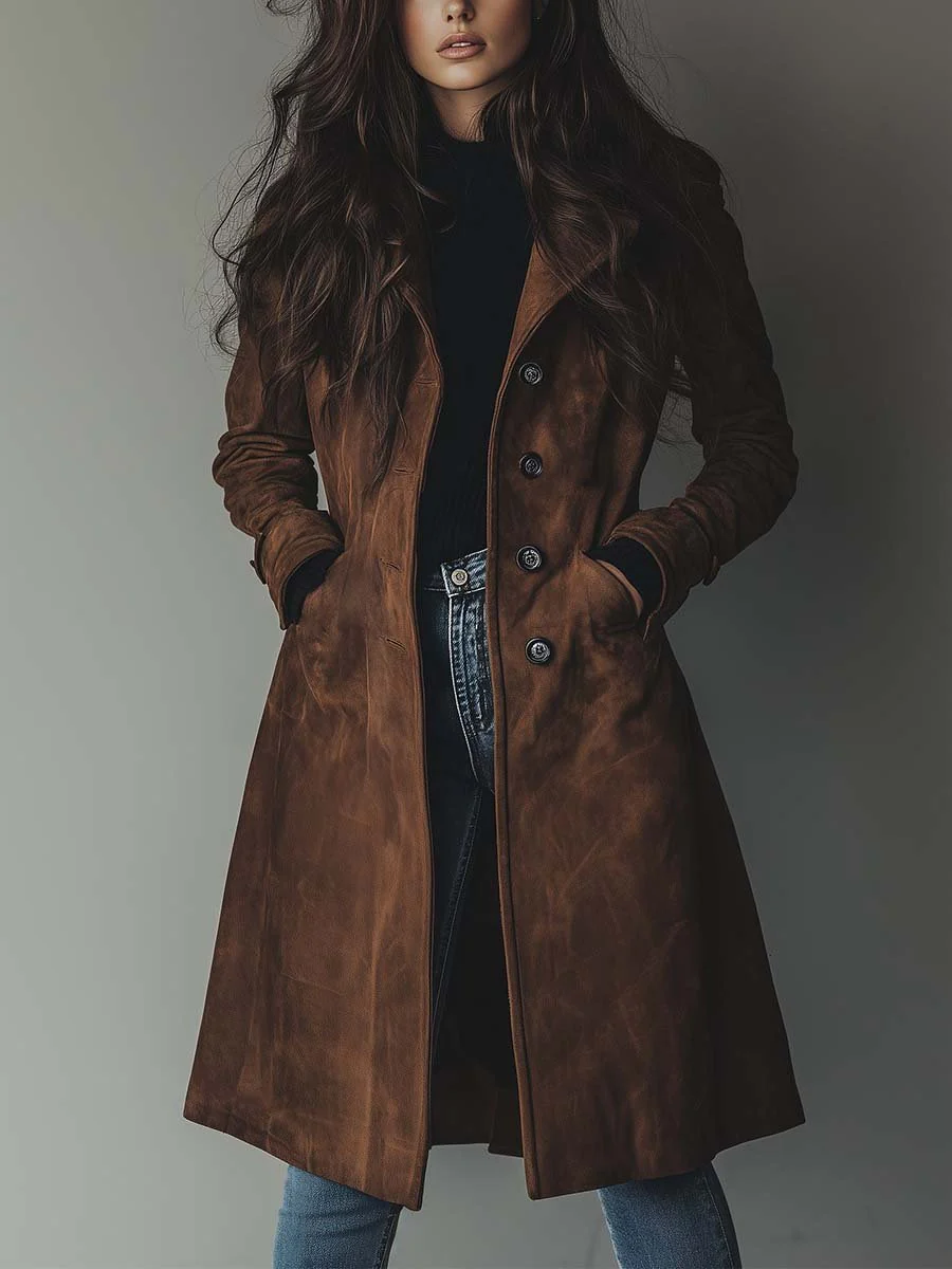 Women's brown vintage-style trench coat front view