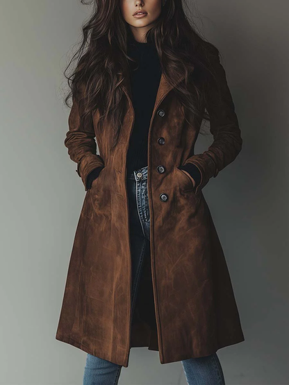 Women's brown vintage-style trench coat front view