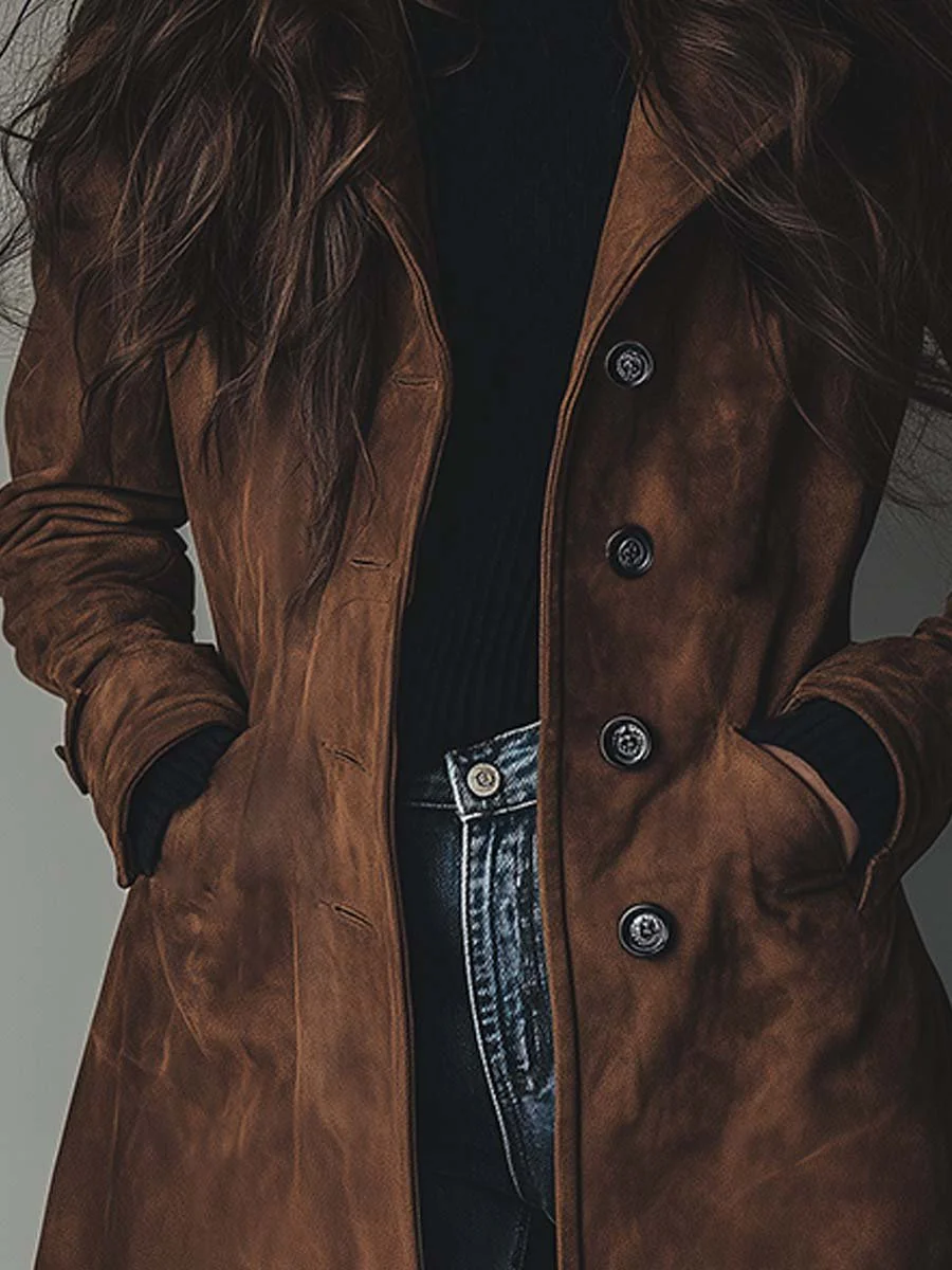 Women's brown vintage-style trench coat front view