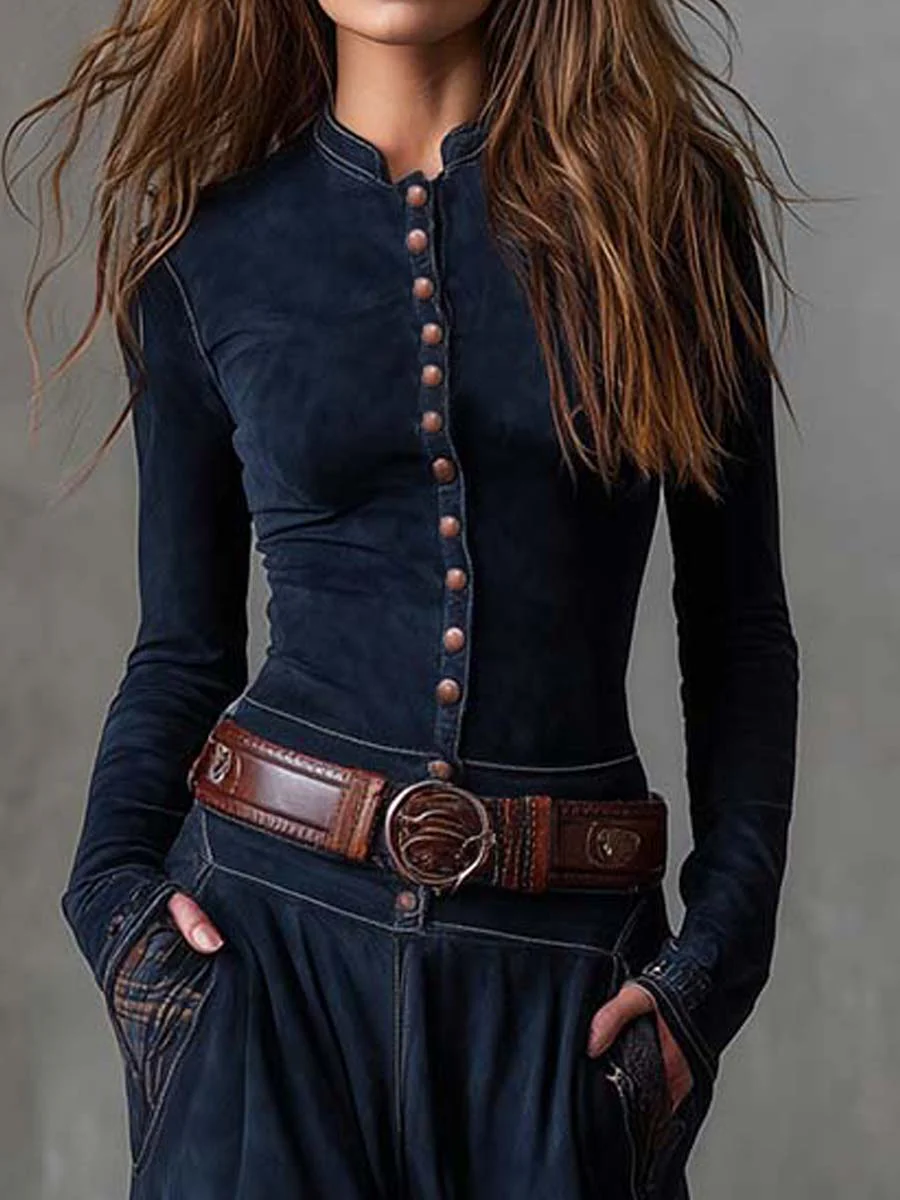 Woman wearing navy patchwork maxi dress with matching belt