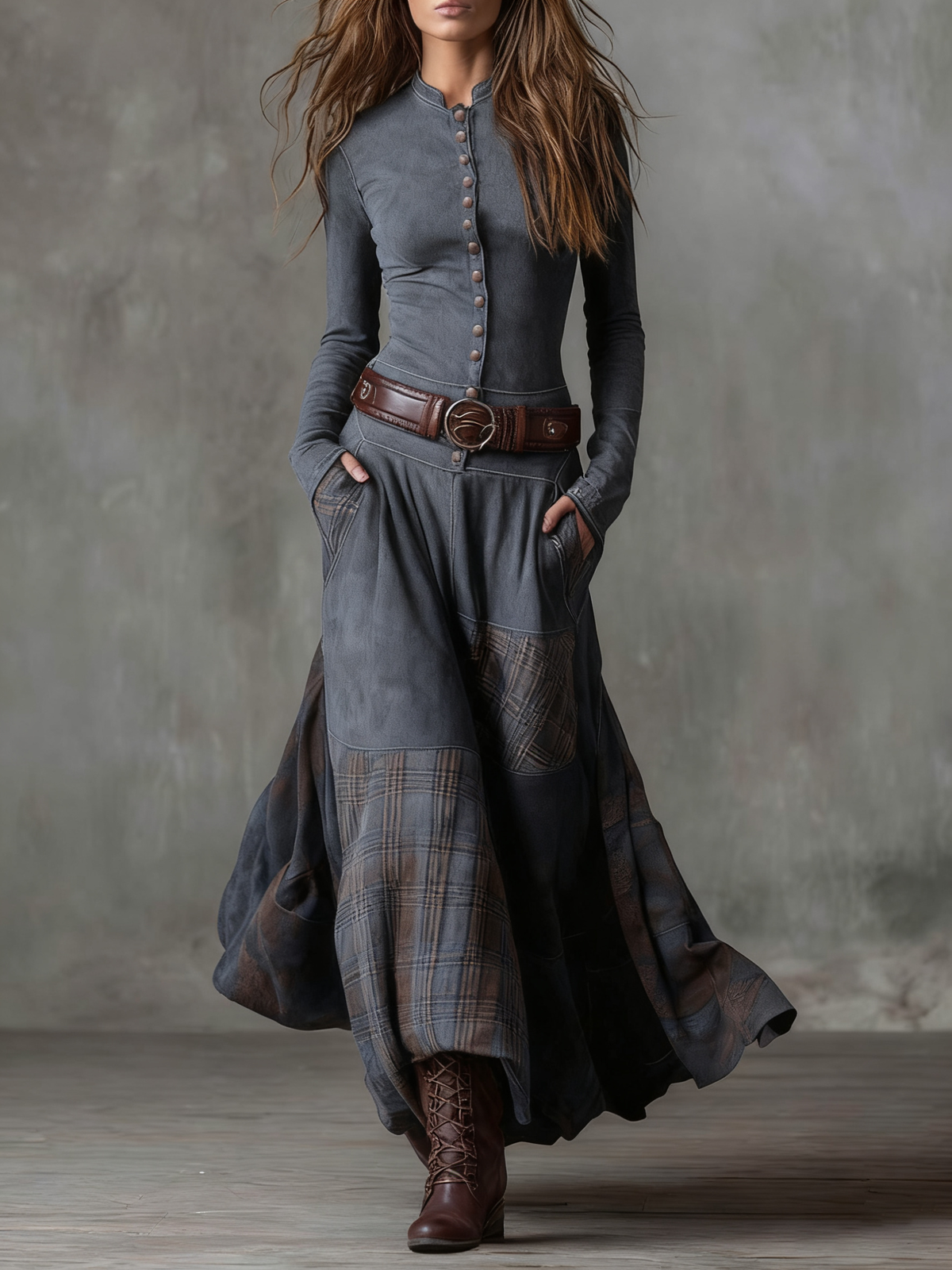 Woman wearing navy patchwork maxi dress with matching belt