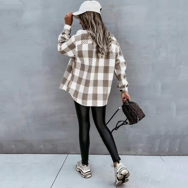 Women's black and white grid check winter shirt jacket