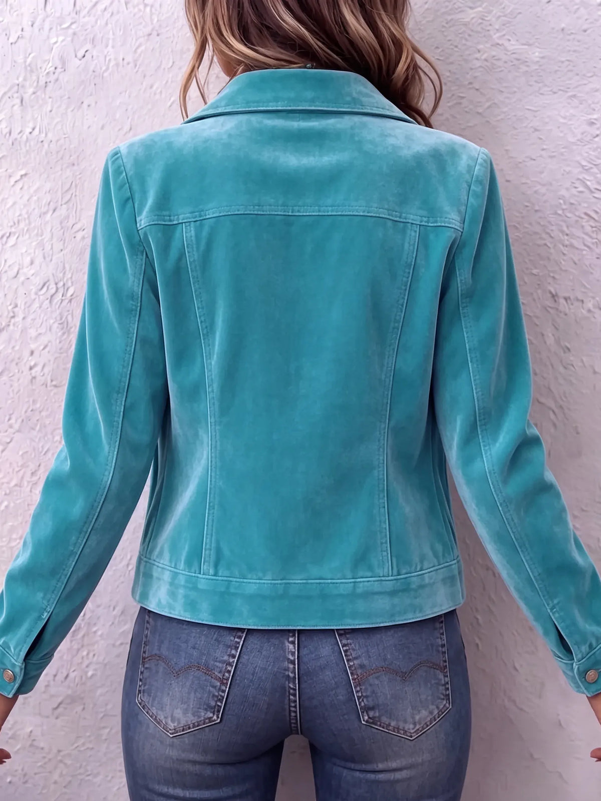 Woman wearing vintage wash button front jacket