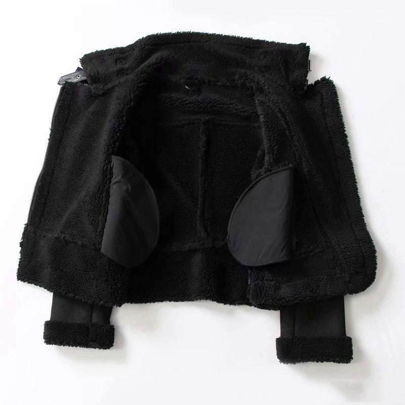 Women's suede lapel motorcycle jacket in black