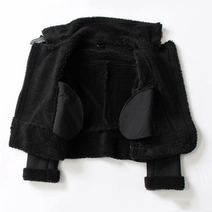 Women's suede lapel motorcycle jacket in black
