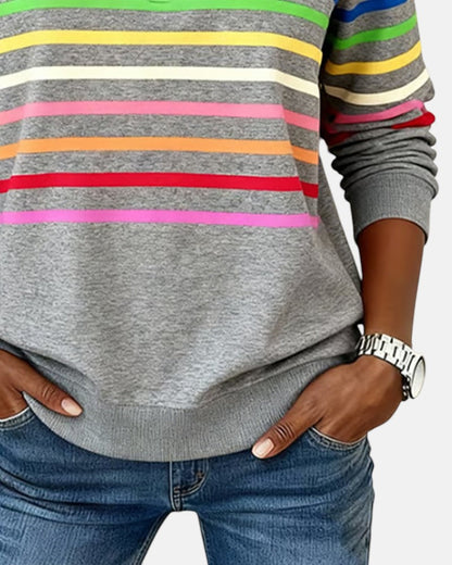 Women's rainbow striped half zip sweatshirt with stand-up collar