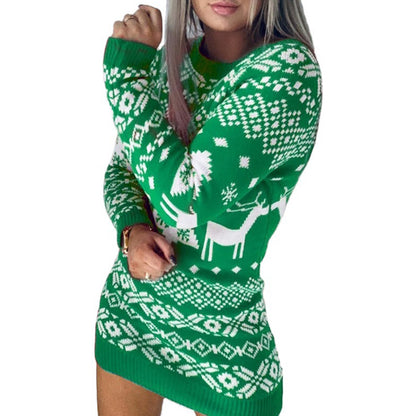 Women's red knit Christmas sweater with elk and snowflake pattern