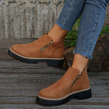 Women's chunky heel suede ankle boots with side zipper