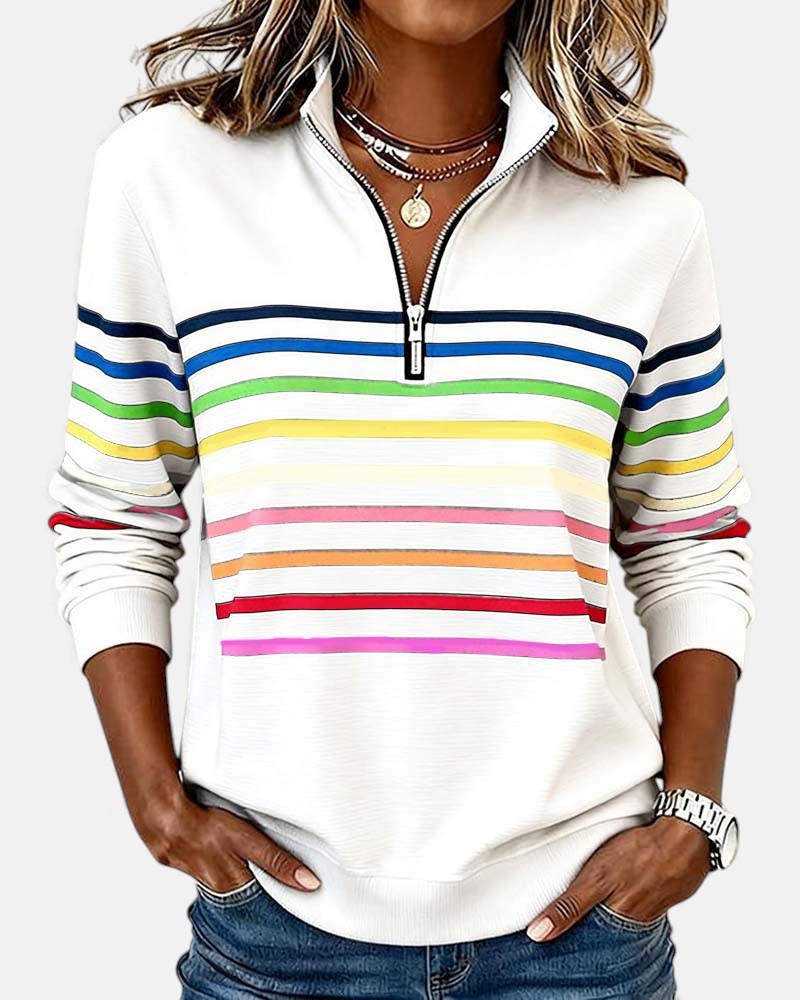 Women's rainbow striped half zip sweatshirt with stand-up collar
