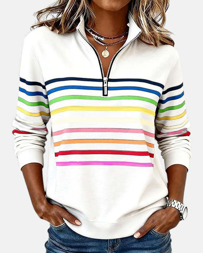 Women's rainbow striped half zip sweatshirt with stand-up collar