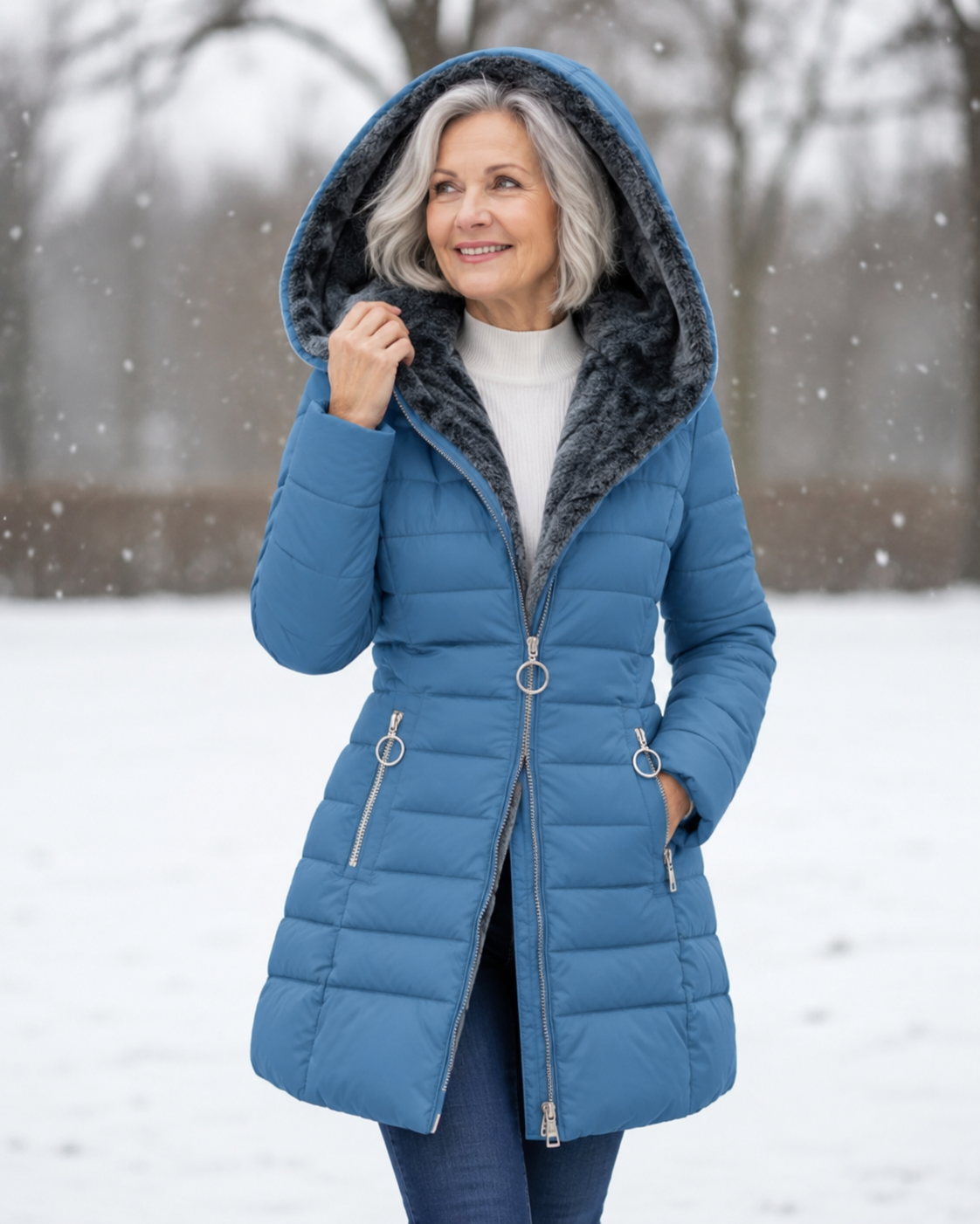 Woman wearing quilted winter coat with hood outdoors