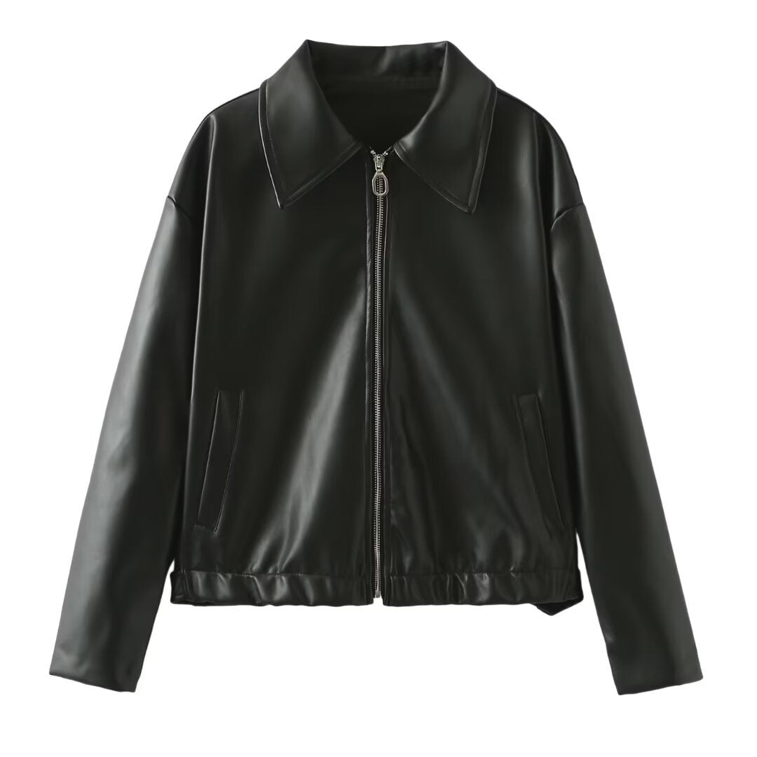 Women's burgundy faux leather zip jacket with lapel collar