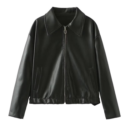Women's burgundy faux leather zip jacket with lapel collar