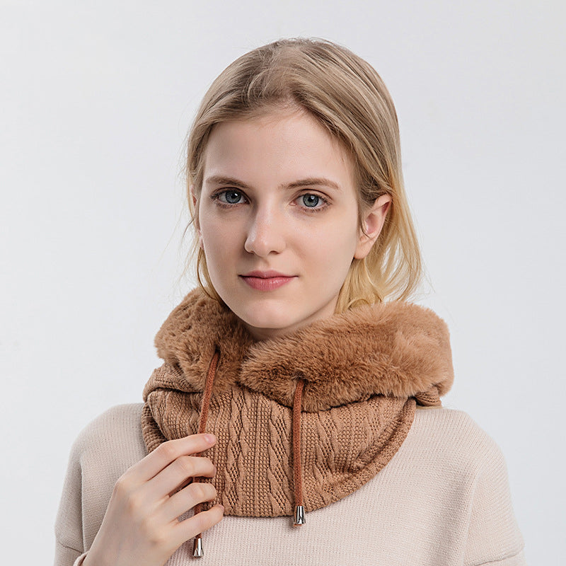 Women's hooded winter knit hat with scarf