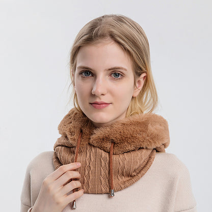 Women's hooded winter knit hat with scarf
