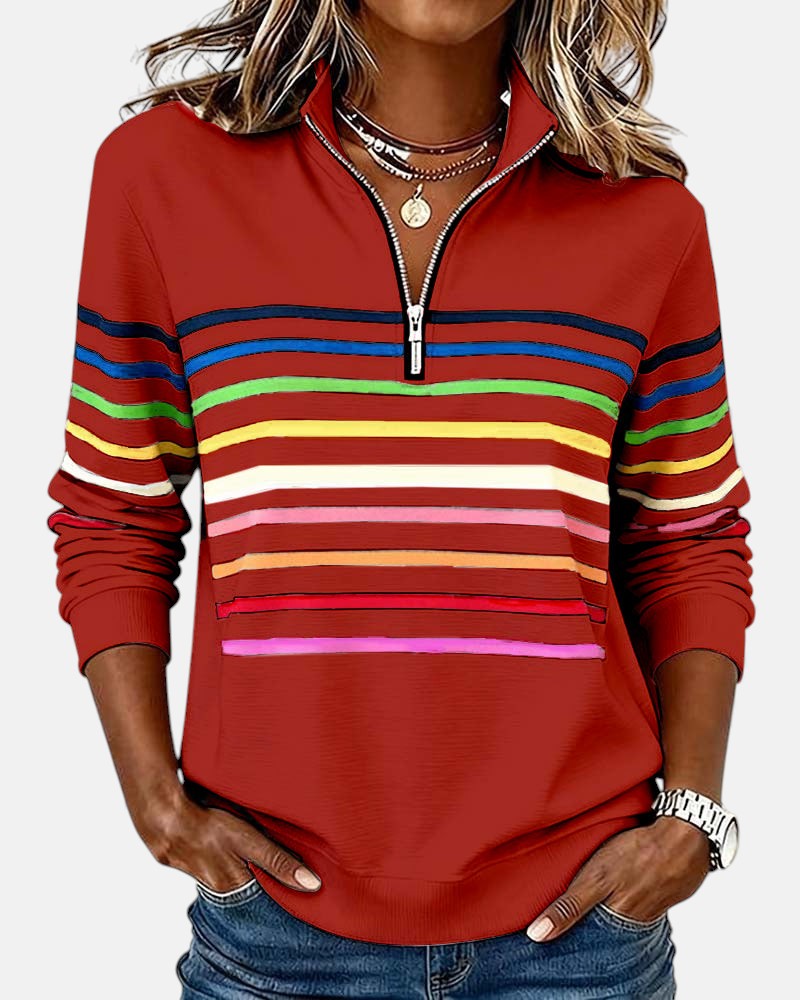 Women's rainbow striped half zip sweatshirt with stand-up collar
