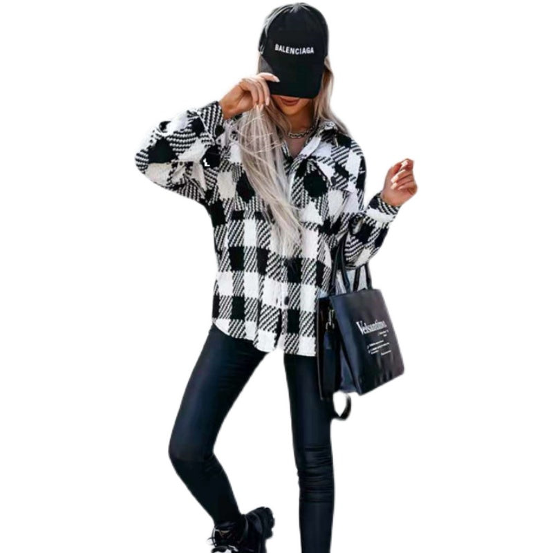 Women's black and white grid check winter shirt jacket