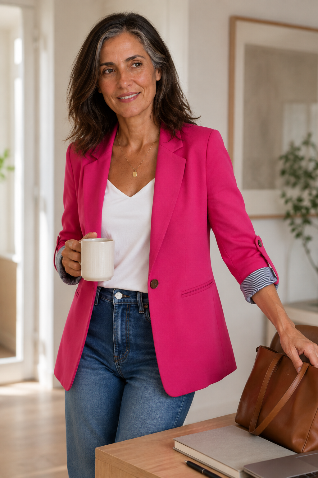 Women's lapel blazer cardigan with structured shoulders, front view