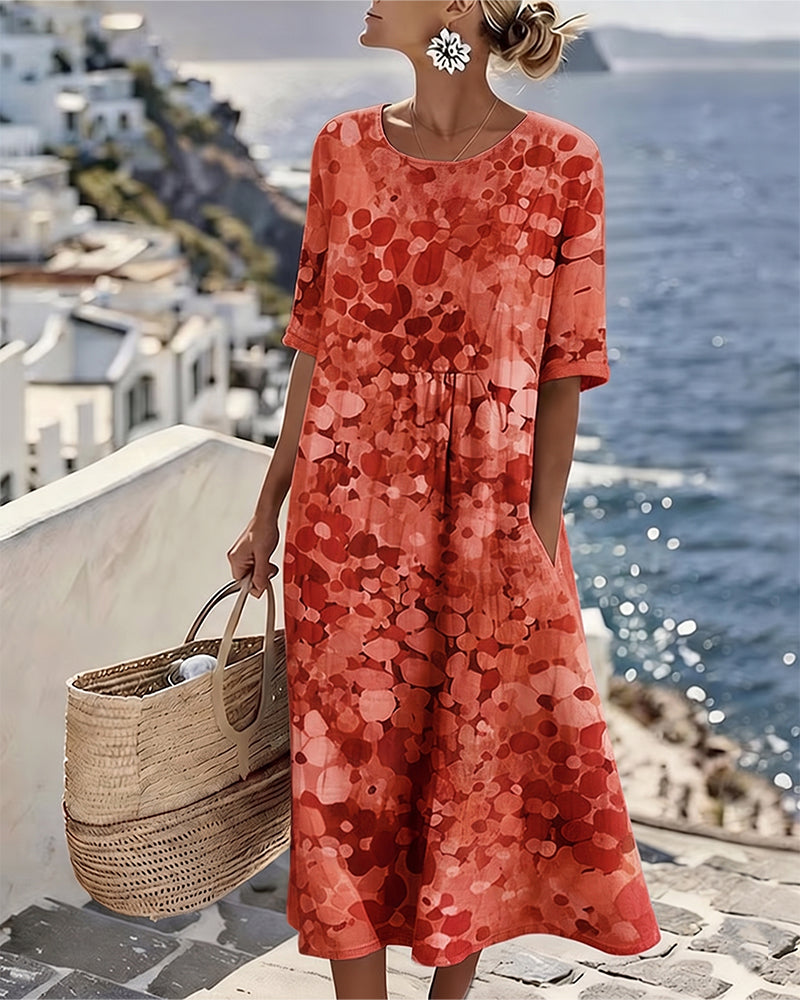 Woman wearing floral print midi dress with short sleeves