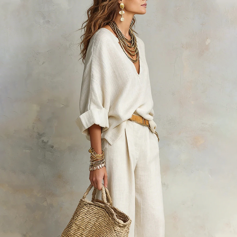 Woman wearing two piece set with wide leg pants