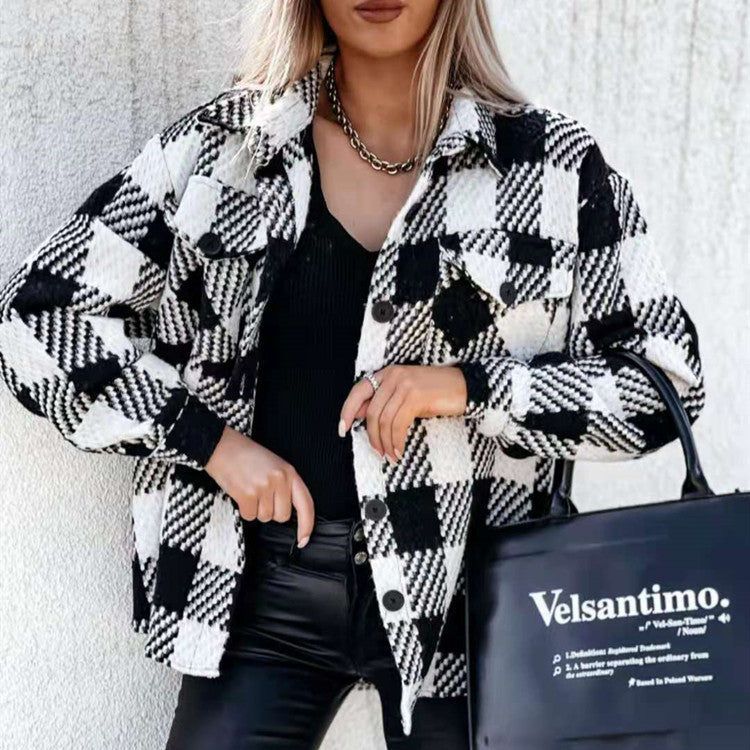 Women's black and white grid check winter shirt jacket