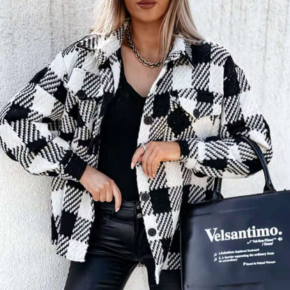 Women's black and white grid check winter shirt jacket