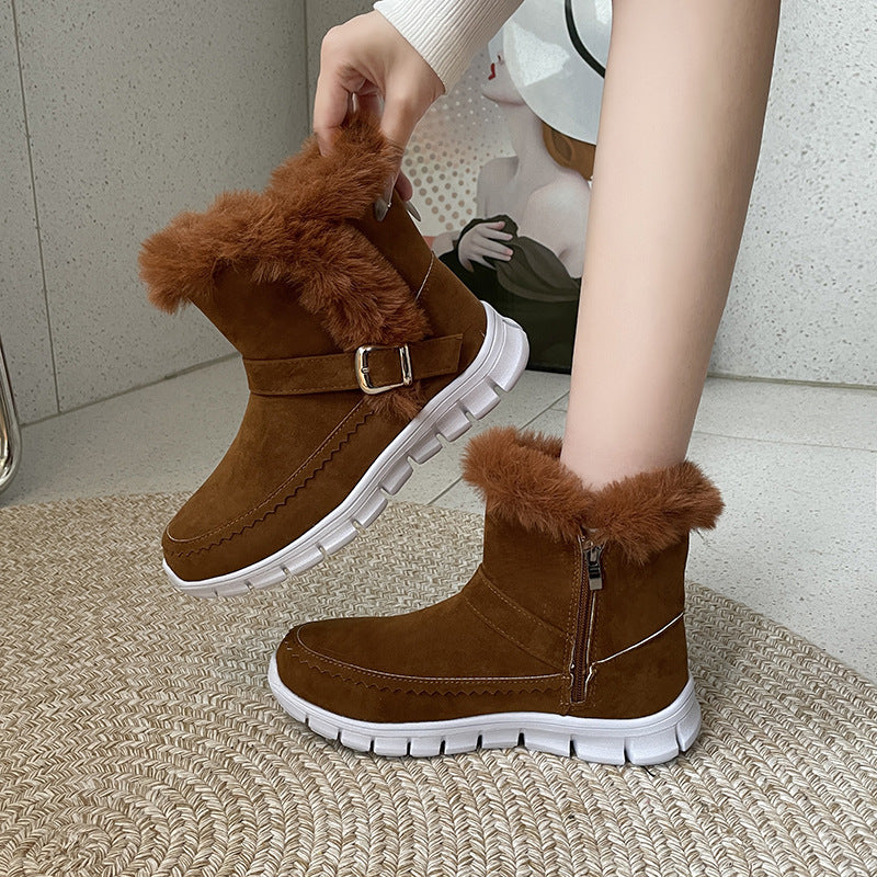 Women's flat plush lined ankle boots with buckle