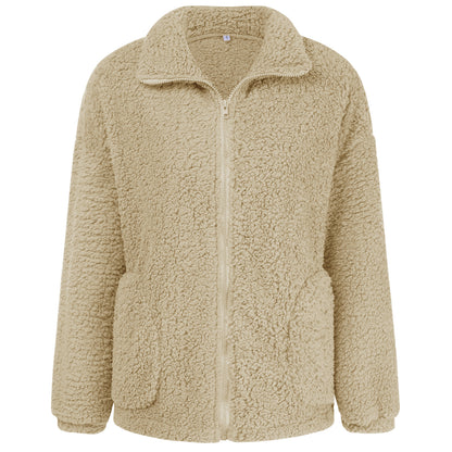 Women's plush basic jacket in army green, khaki and apricot