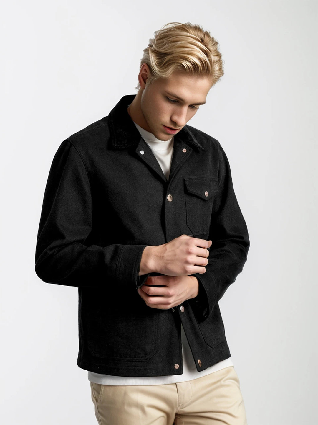 Men's button down field jacket with four pockets - black
