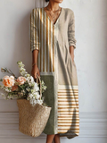 Auryn | Women's Khaki Linen Abstract Print V-Neck Half Sleeve Midi Dress