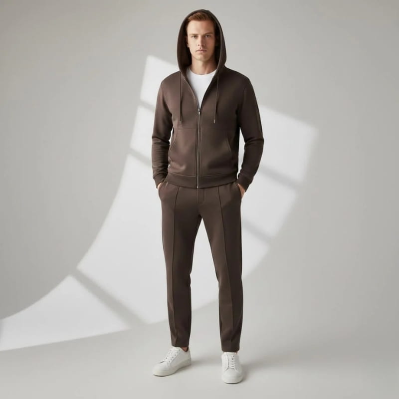 Men's hooded tailored stretch jacket with zip front - brown