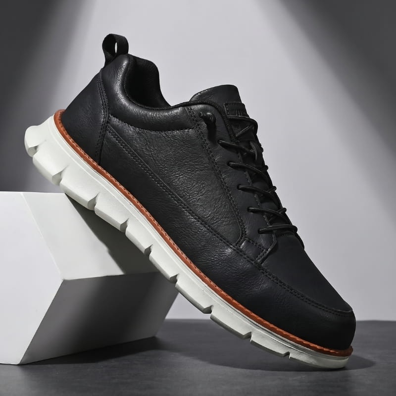 Lace Up Leather Sneakers with Cushioned Sole for Men - black