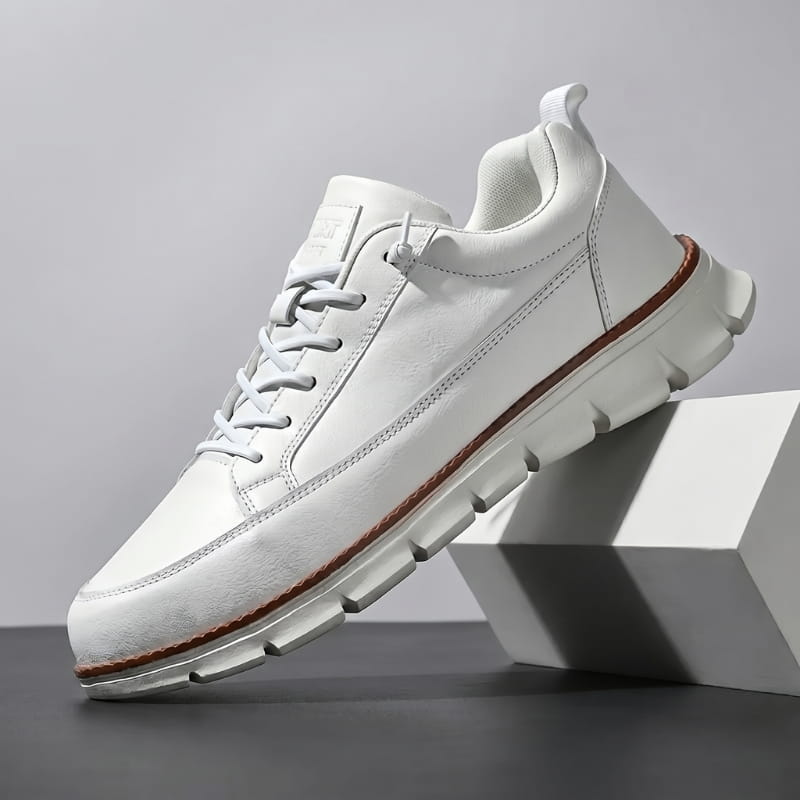 Lace Up Leather Sneakers with Cushioned Sole for Men - white