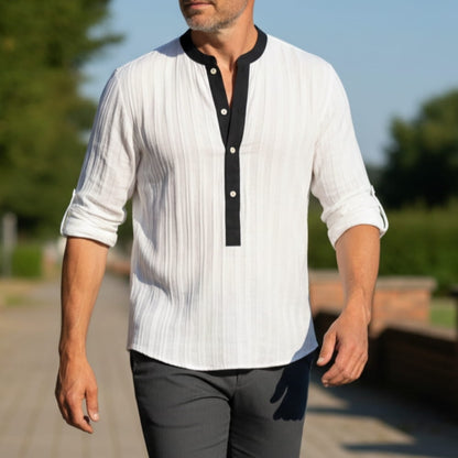 Henley Shirt with Band Collar and Contrast Placket for Men